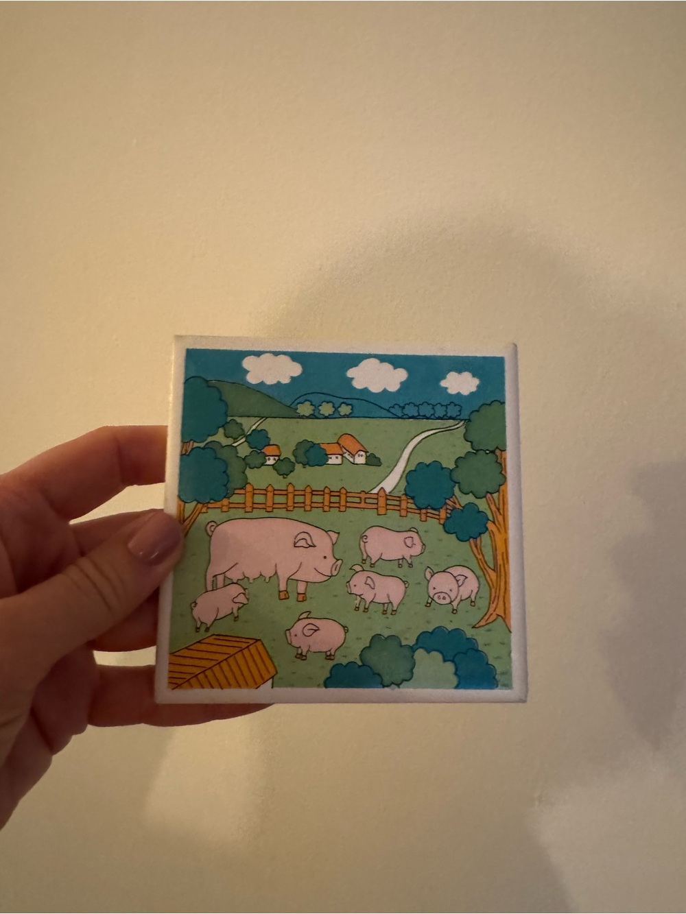 Vintage 1984 Pink Pig Farm Tile Trivet Coaster